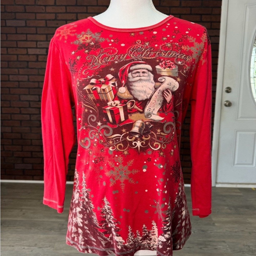 New Directions Red Santa Merry Christmas 3/4 Sleeve Graphic Top L 100% Cotton